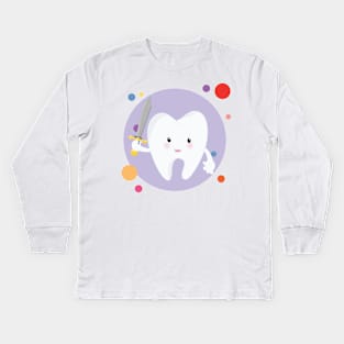 Hero Tooth Warior With Sword Kawaii Cute Design Kids Long Sleeve T-Shirt